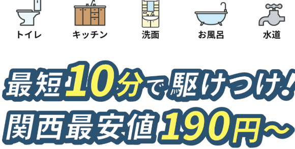 トイレ修理、最短10分で駆けつけ！関西最安値190円～